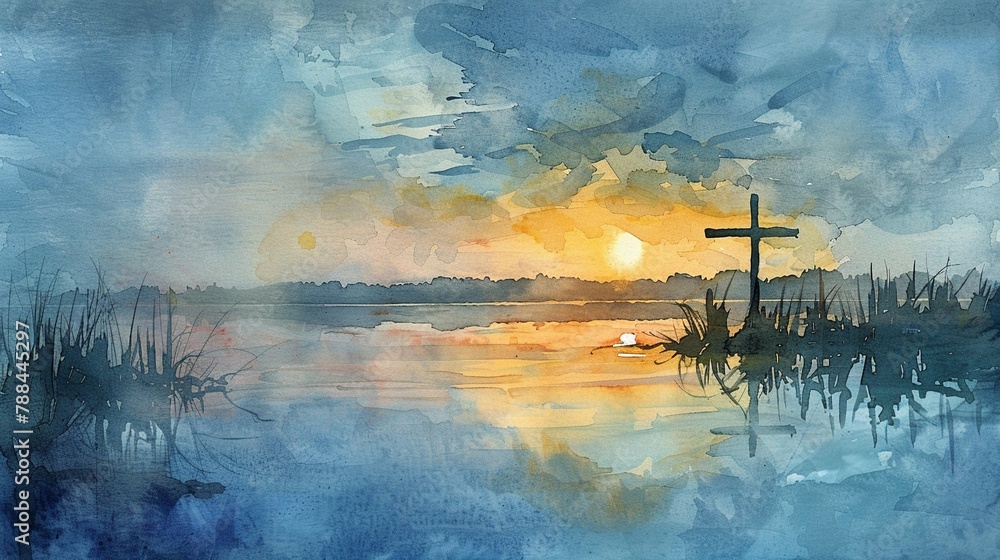 Watercolor sunrise over a tranquil lake a cross subtly etched into the horizon - obrazy, fototapety, plakaty 