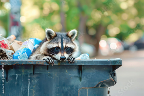 Raccoon peeking from a trash bin among discarded items
