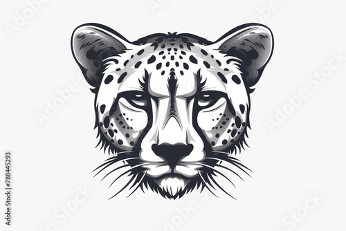 A minimalist cheetah face icon in monochromatic grayscale, accentuated by strong, precise lines. Isolated on white background.