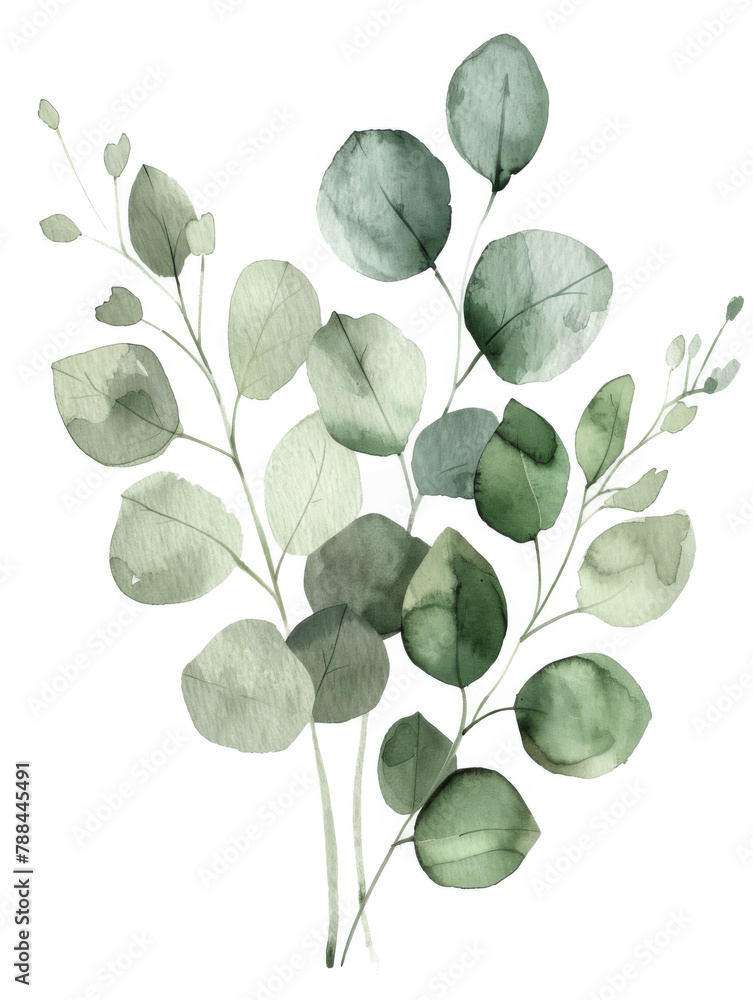 Obraz premium Ai Generated Art Watercolor Abstract Leaves and Branches against White Background in Pastel Sage Green Colors