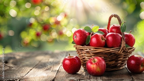 Red apples in a basket on a rustic table in a garden close-up outdoors, orchard, place for text © MUCHIB
