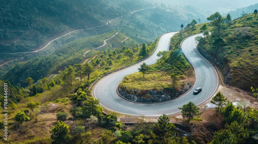 A car driving on a winding mountain road, with the family enjoying the scenic drive.