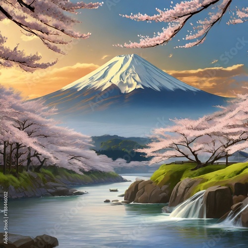 富士山と桜と川のイラスト