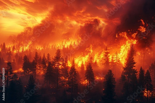 A powerful wildfire raging through a forest, flames leaping towards the sky and casting an ominous orange glow on the smoke-filled landscape. photo