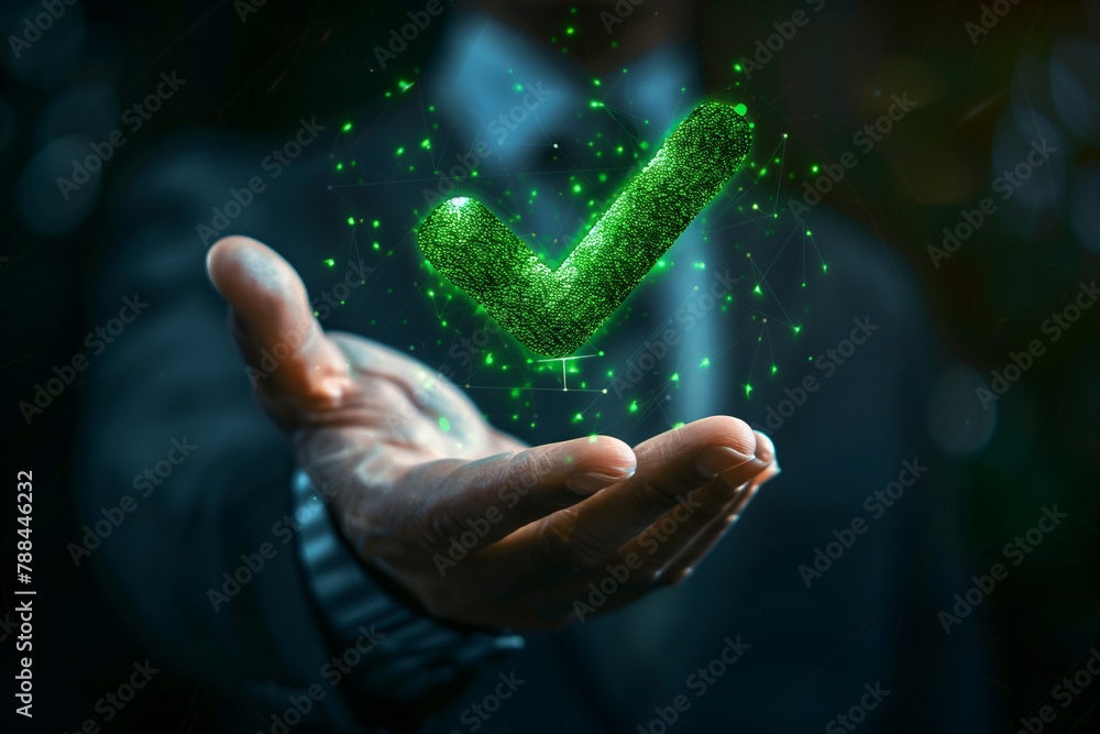 A hand in a suit reaches out towards a glowing green check mark, embodying approval, success, and positive confirmation within a digital or technological context. A hand in a suit reaches out towards a glowing green check mark, embodying approval, success, and positive confirmation within a digital or technological context.