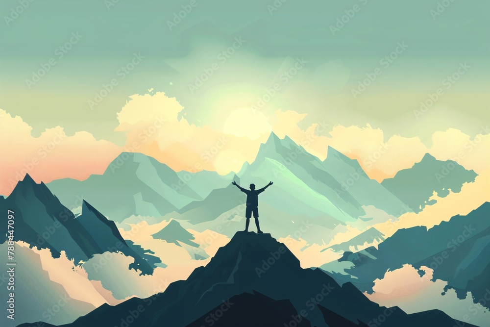 A silhouette of an individual standing on the peak arms on the top of the mountain A silhouette of an individual standing on the peak arms on the top of the mountain