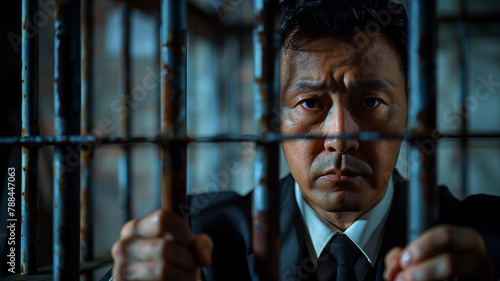 An intense portrait of a man in a business suit behind bars, his expression one of contemplation and resolve, suggesting a narrative of restriction, challenge, or injustice