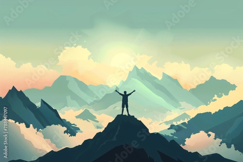 A silhouette of an individual standing on the peak arms on the top of the mountain