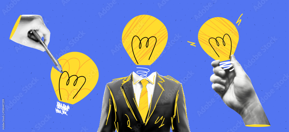 Naklejka premium Creative collage concepts set: Man with a light bulb head in a pop art style, featuring blue and yellow grunge textures and dadaism elements. Hand-drawn doodles and cut-out paper 