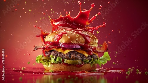 A hamburger with layers visible, sauce splashing onto it from above