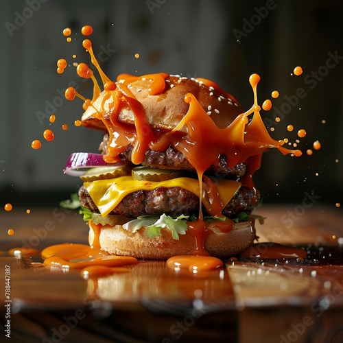 A mouthwatering hamburger caught mid-splash with sauce, droplets frozen in time