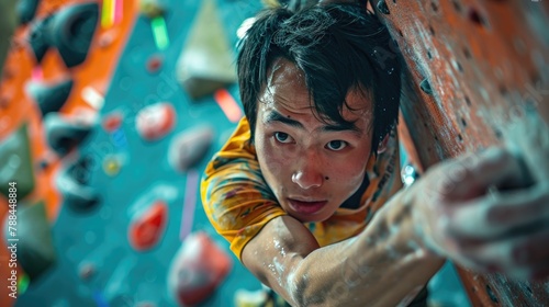 A climber focuses intently while scaling an indoor climbing wall