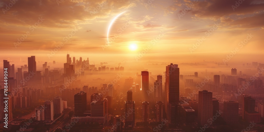A panoramic view of a cityscape with buildings and the partially eclipsed sun in the background.