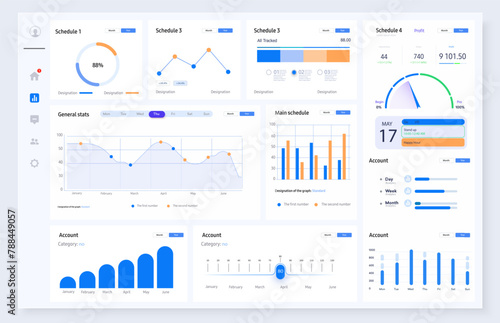 Comprehensive Analytics Dashboard UI with Diverse Data Visualization. User interface of an analytics dashboard featuring a variety of graphs and charts for efficient data management and monitoring.  © ZinetroN