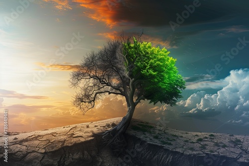Transition from dry and barren to lush green nature featuring a unique tree AI Image photo