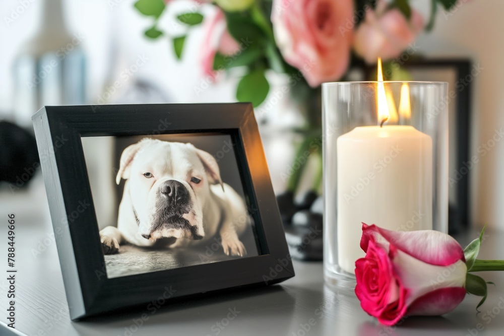 Frame with picture of dog, burning candle and rose on black table. Pet funeral - obrazy, fototapety, plakaty 