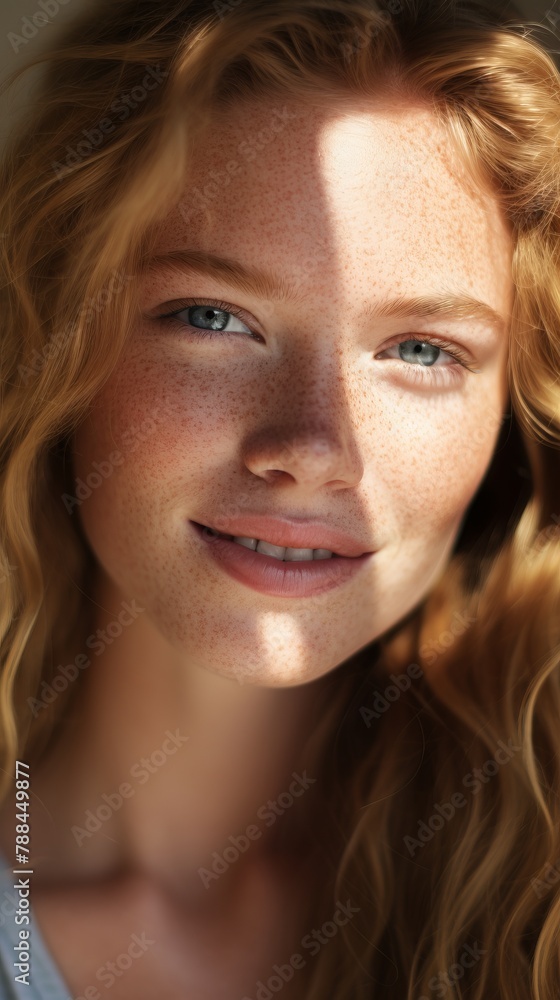 Beautiful woman with freckles, close-up portrait. Portrait of a beautiful young girl. Beautiful woman with freckles, close-up portrait. Portrait of a beautiful young girl.