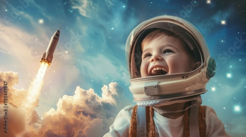 An excited kid wearing a space helmet, watching a rocket soar into the blue ether