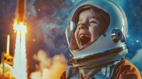 An excited kid wearing a space helmet, watching a rocket soar into the blue ether photo