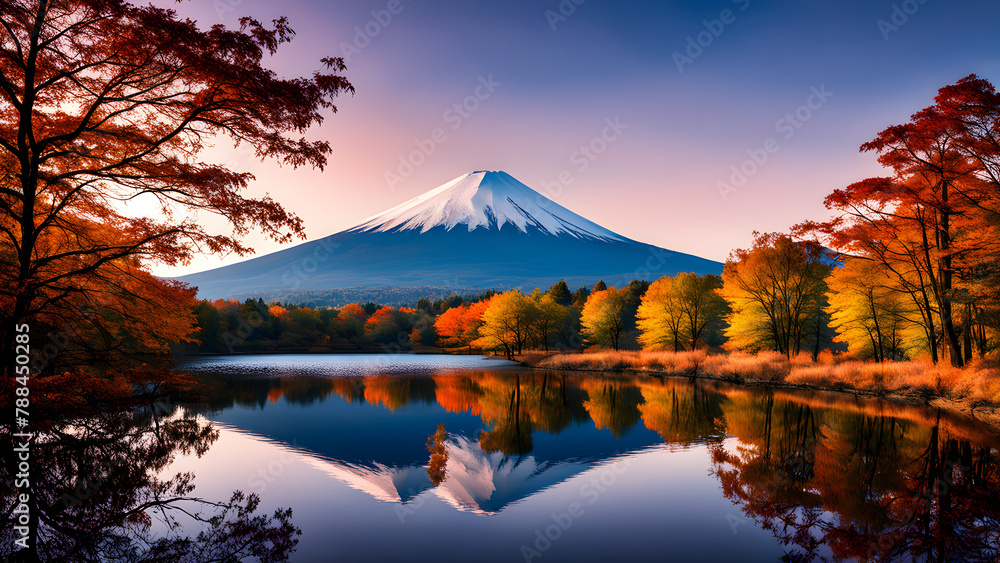 The scenery of Mount Fuji in Japan is reflected on the water surface, with Yinghhauu on the trees