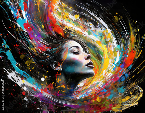 Watercolor illustrationof a woman with long hair and colorful paint splashes.