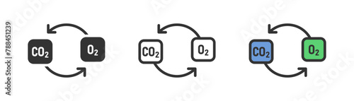 Oxygen and carbon dioxide exchange. Co2 to O2 cycle, chemical elements symbol. Line flat and colored vector icon.
