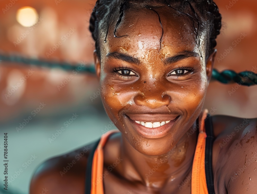 Close-up of a boxer girl smiling at the camera, sweat glistening Close-up of a boxer girl smiling at the camera, sweat glistening