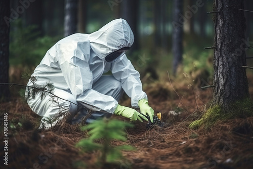 Criminologist in protective suit working at crime scene outdoors photo