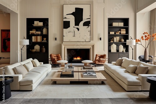 Neutral Minimalist Living Room with Fireplace, Large Abstract Wall Art and Styled Bookshelves