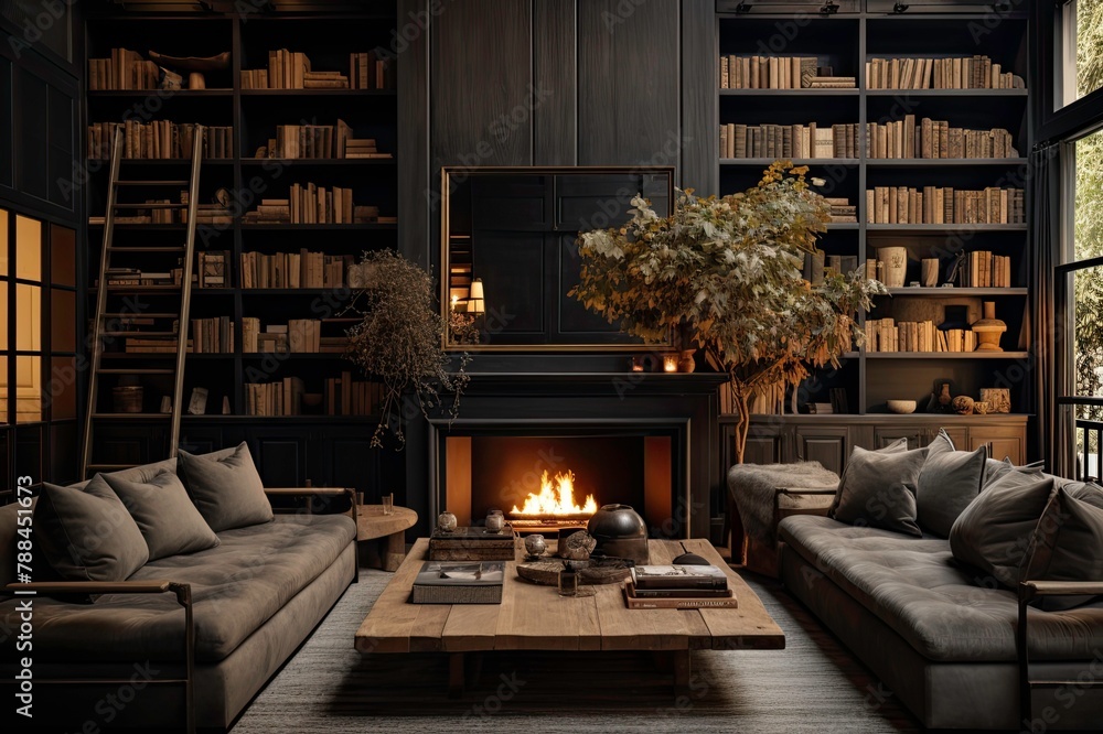 Obraz premium Cozy Dark Library Room with Fireplace and Sofas
