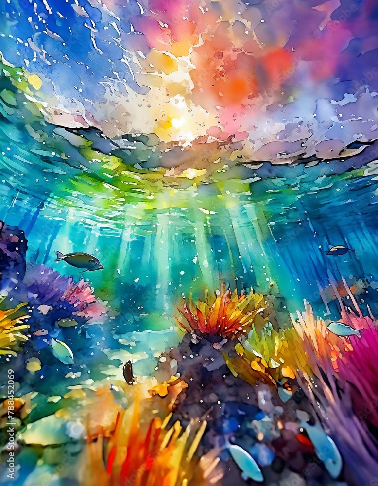 Fototapeta premium Illustrate an underwater scene where sonic waves from marine life cause light to refract through the water