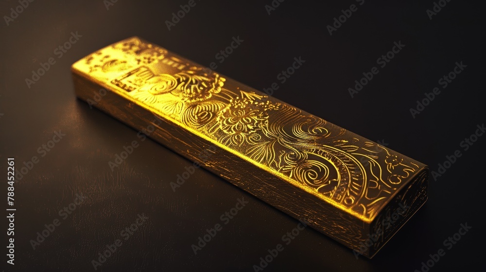 Fototapeta premium Close-up of a single gold bar with intricate engravings