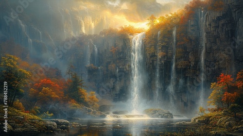 A majestic waterfall tumbles down a rocky cliff, its waters crashing into a pool below with a deafening roar. Mist rises from the cascade, catching the light of the setting sun in a dazzling display