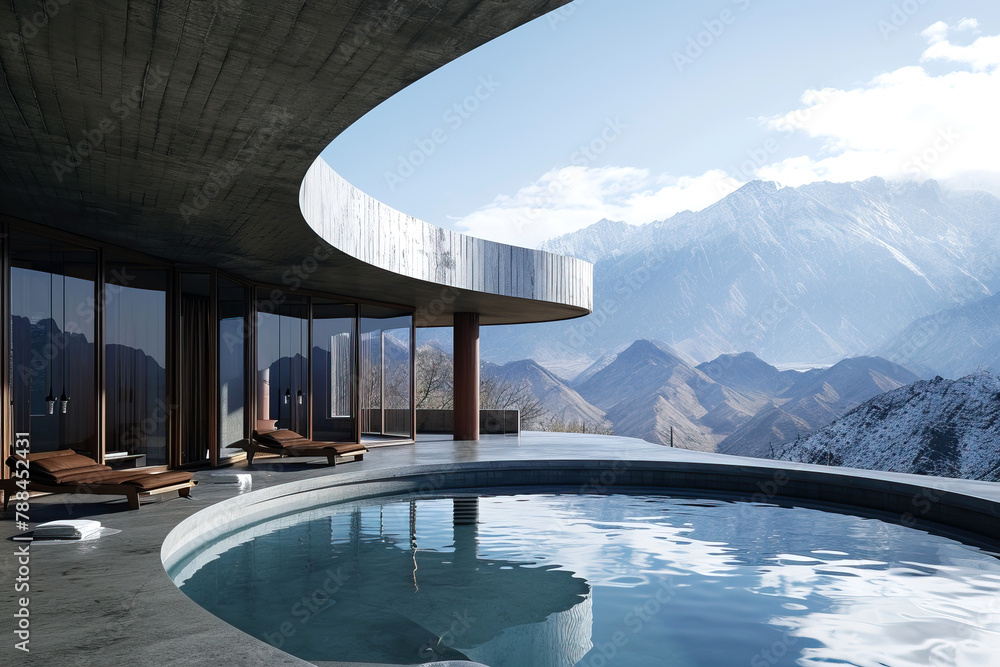 Naklejka premium a large swimming pool with mountains in the background