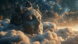A dreamlike scene, a colossus going above the clouds, stars are shining, Isolated monument, vanished glory in the dense clouds, showing  Obscurity, Oblivion of king