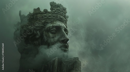 A dreamlike scene, a colossus going above the clouds, Isolated monument, vanished glory in the dense clouds, showing  Obscurity, Oblivion of king photo