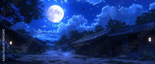 The night sky is full of clouds, the moon shines in the blue sea and town lights glow on both sides. In front of you stands an old street with low houses,