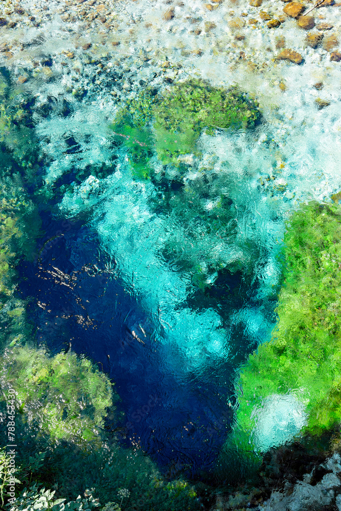 Turquoise and green water in the spring water of the blue eye lake in Albania.