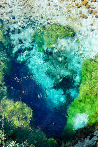 Turquoise and green water in the spring water of the blue eye lake in Albania.