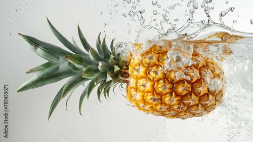 Dynamic scene of a pineapple plunging into water, creating a lively splash