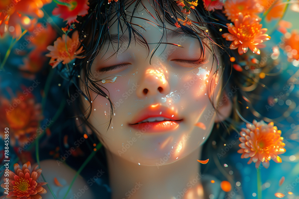 the flower is painted by the girl who is smiling,
in the style of vibrant colorscape, anime
aesthetic, dark cyan and red, color
art, orange and blue, vibrant and
colorful, wallpaper - obrazy, fototapety, plakaty 