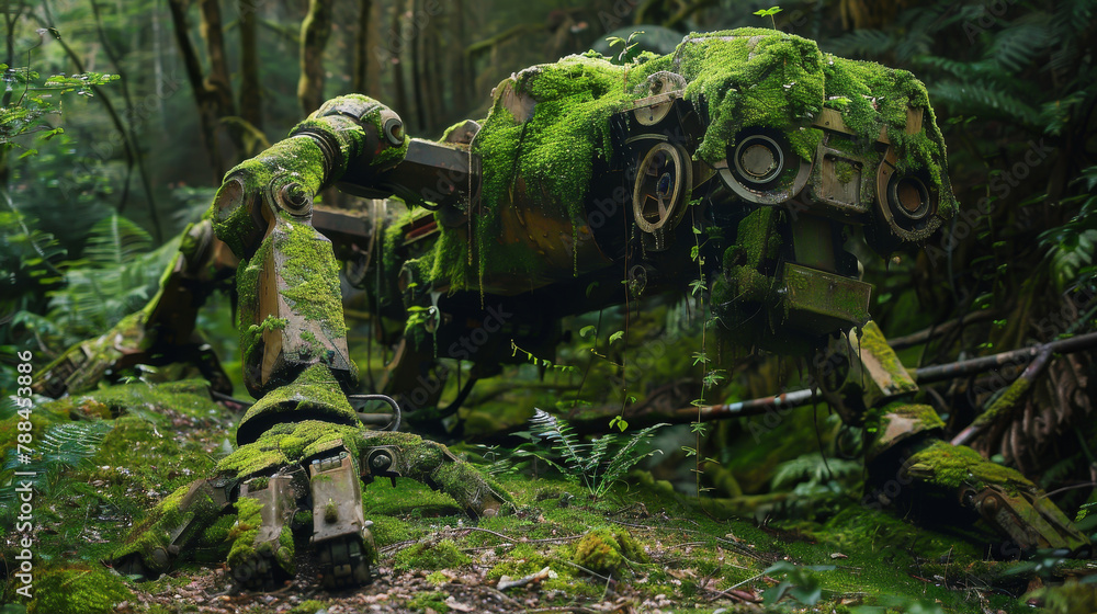Mosscovered robots gardening ancient tech ruins, posthuman nature