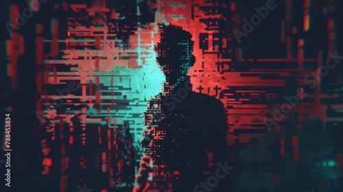 Glitch demon in a corrupted simulation, pixelated terror, reality unraveling