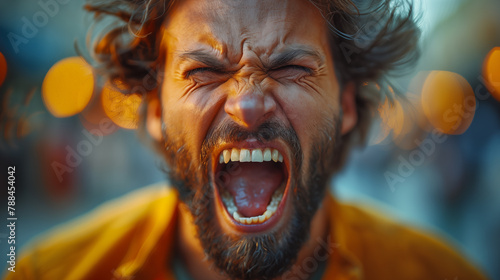 Portrait of angry bearded man screaming at the camera. Close-up.