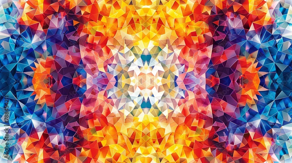 Abstract Vibrant Geometric Kaleidoscope Pattern with a symmetrical geometric design.
