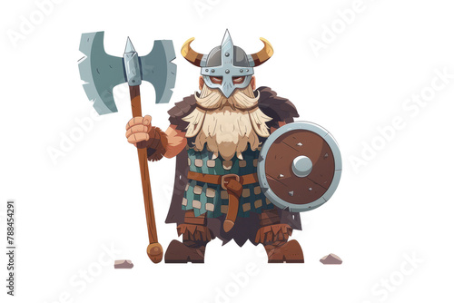 Norse Viking: A fearsome Viking warrior, clad in armor and holding a mighty ax, standing tall on a white background. photo