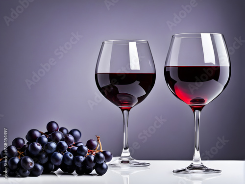 Two glasses of wine and delicious red grapes are placed on the table against a gray background.