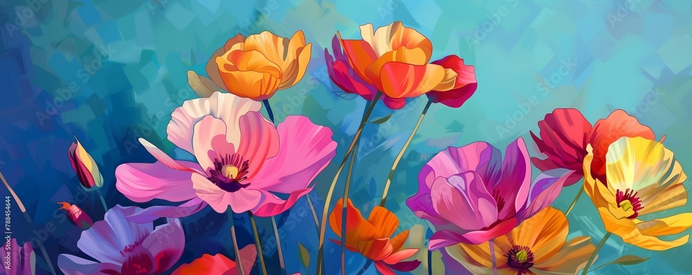 Flower illustration merging abstract and realism, vibrant against a soothing