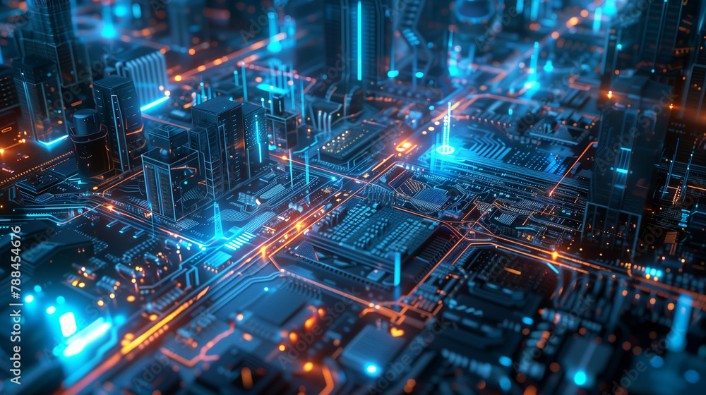 Aerial view of a circuit board city concept with glowing blue and orange light effects on the streets, buildings and components.