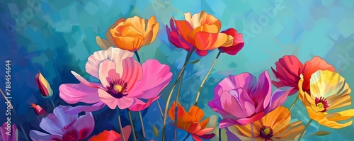 Flower illustration merging abstract and realism, vibrant against a soothing © Xyeppup